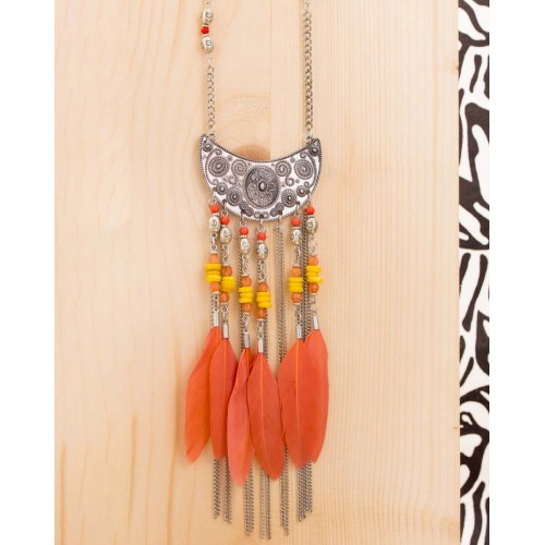 MALUANA NARANJA Orange Silver Necklace Native American Ethnic Y Pendant Necklace Silver and Orange Rhodium Crystal and Feathers