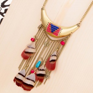 ISTO Color Gold necklace Fringe breastplate Native American ethnic Multicolor Brass gilded with fine gold Crystal Feather beads