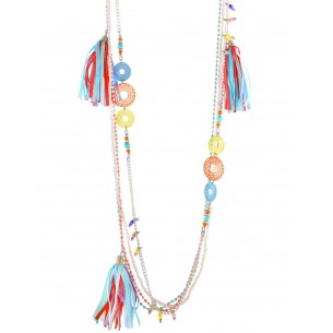PRAYA DO MAR Color Silver Necklace Multi-row necklace with Silver and Multicolored Rhodium Crystal and Pompoms pendant