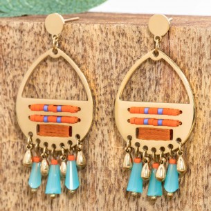 ISLA MADERA Orange Gold earrings Short pendants Ethnic Stainless steel gilded with fine gold Woven crystal beads