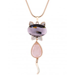 Necklace EL GATO MISTERIOSO Gray Gold Y-shaped pendant necklace Mobile articulated cat Gray Golden with fine gold Crystal Resin