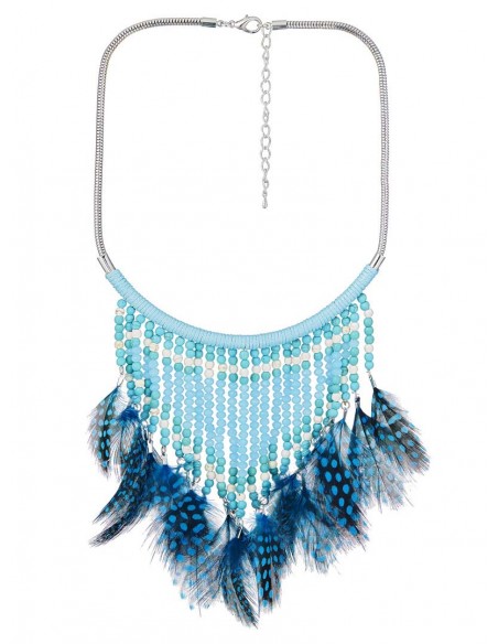 Collier FORENA Turquoise Silver Plastron à frange Ethnique Argent et Turquoise Rhodium Cristal et Plumes et perles