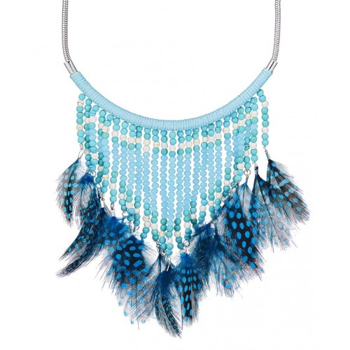 FORENA Turquoise Silver Necklace Plastron with Ethnic Fringe Silver and Turquoise Rhodium Crystal and Feathers and Beads