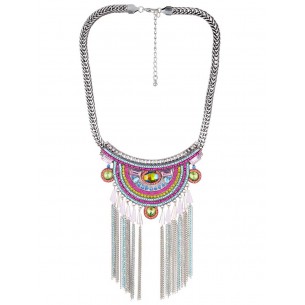 LOUXOR Necklace Color Silver Pavé plastron with Ethnic fringe Silver and Multicolor Rhodium Crystal