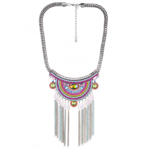 LOUXOR Necklace Color Silver Pavé plastron with Ethnic fringe Silver and Multicolor Rhodium Crystal