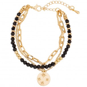 Bracelet GALAXIS Black Gold Bracelet de perles souple multirangs Symboles stellaires Doré et Noir Laiton doré à l'or fin Cristal