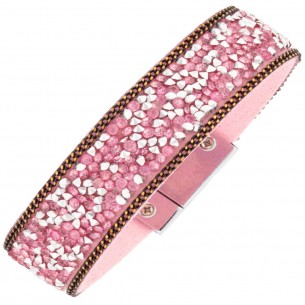 Bracelet SIBERIA Pink Silver Manchette souple pavée Rivière de cristal Argent et Rose Rhodium et Simili-Cuir Cristaux sertis