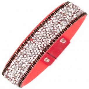 SIBERIA Red Coral Silver bracelet Soft paved cuff Crystal river Silver Red Coral Imitation leather Set crystals