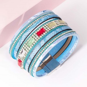 IDYL OF CRYSTAL Turquoise Silver Bracelet Soft Multi-row Cuff Crystal River Rhodium Silver and Crystal Imitation Leather