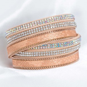 BOA Bracelet Beige Nude Gold Double Tour Multi-row Snake Print Gold and Beige Nude Rhodium and Faux Leather Crystal
