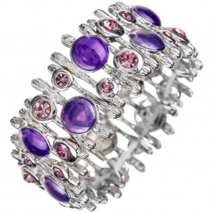 SATELLITE Bracelet Mauve Silver Soft elastic cuff Contemporary Silver and Violet Rhodium Crystal and enamels
