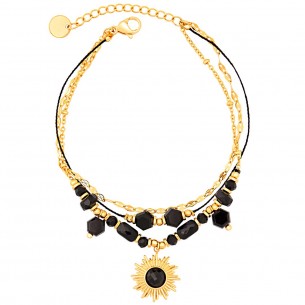 SOLAXIS Black Gold Bracelet Soft multi-row pearl bracelet Solar symbol Black Stainless steel gilded with fine gold Crystal