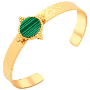 Bracelet MEDIELO STEEL Green Gold Jonc réglable flexible  Médiéval Acier inoxydable doré Malachite verte reconstituée