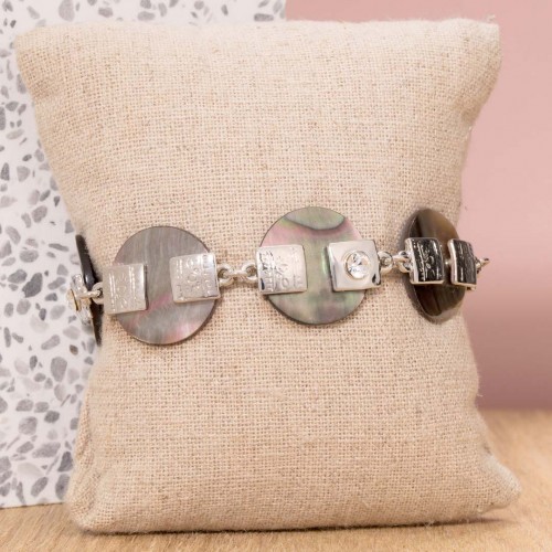 NACALOS Beige Nature Silver Bracelet Contemporary Flexible Bracelet Silver and Natural Beige Rhodium Natural Mother-of-Pearl