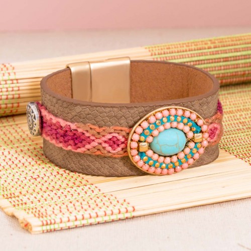 BOLIVARANE Pink Gold bracelet Soft cuff Ethnic Pink Golden brass Leather Reconstituted Turquoise Brazilian weaving beads