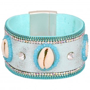 Bracelet AQUARELLA Turquoise Silver Manchette souple Coquillage de plage Argent Turquoise Simili-Cuir Cristal et Nacre
