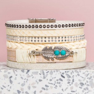 DAKOTA Bracelet Beige Silver Soft Multi-row Cuff Ethnic Feather Silver Imitation Leather Crystal Reconstituted Turquoise Studs