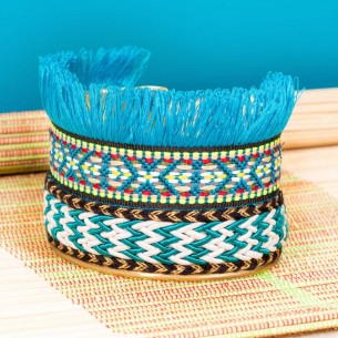 Bracelet LIMA Blue Gold Manchette flexible rigide Ethnique amérindien Doré et Bleu Laiton doré à l'or fin Tissage ethnique