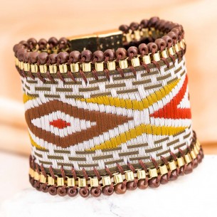 LAPAMPA Camel Gold bracelet Soft cuff Native American ethnic Golden Camel Rhodium Ethnic embroidery suede lining Beads