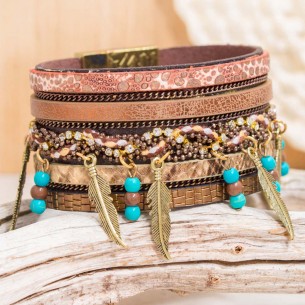 ROCADAS Bracelet Camel Gold Soft cuff Multi-row Ethnic feather Gold Imitation leather Crystal Turquoise reconstituted Charms
