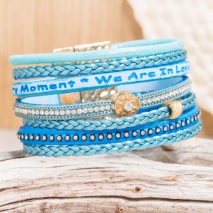MADRE Turquoise Gold Bracelet Soft Multi-Rang Cuff Message Gold and Turquoise Rhodium and Imitation Leather Crystal