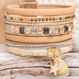 BAHINE Bracelet Beige Gold Soft cuff Multi-row Marine Golden Beige Faux Leather Crystals set with Shell Mother-of-Pearl Studs