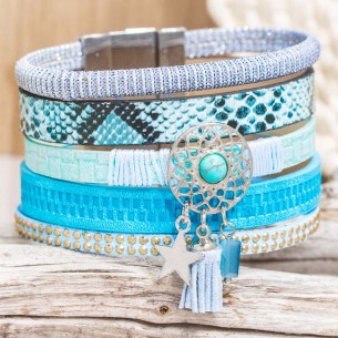 CORDOBA Bracelet Turquoise Silver Multi-row Cuff Dreamcatcher Silver Faux Leather Turquoise reconstituted Pompoms