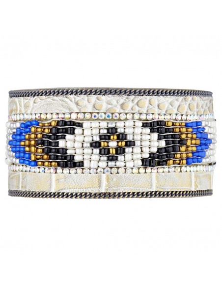 Bracelet FAOGAL Blue & Red Gold Manchette souple Tissage brésilien Doré Rouge Bleu Simili-Cuir Cristal Tissage perles brésilien