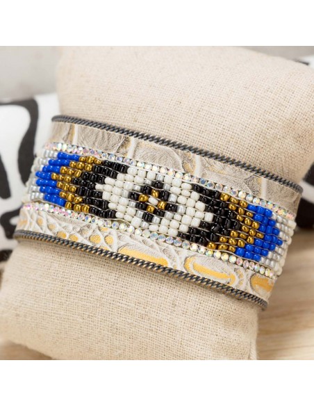 Bracelet FAOGAL Blue & Red Gold Manchette souple Tissage brésilien Doré Rouge Bleu Simili-Cuir Cristal Tissage perles brésilien