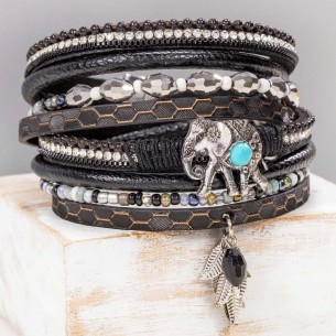 ARYANAL Bracelet Black Silver Double Tour Elephant Silver and Black Imitation Leather Crystal Turquoise Reconstituted Tassel