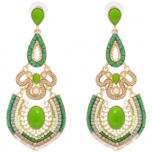 SENZA Green Gold Earrings Long openwork pendants Tzigane Golden and Green Brass gilded with fine gold Crystal