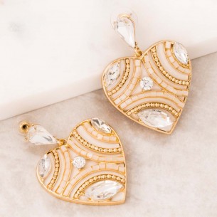 LOVA REVE Beige Gold Mid-length Dangle Earrings Golden Heart and Beige Rhodium Crystal