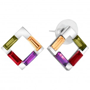 ROCADA Color Silver Stud Earrings Square Silver and Multiclore Rhodium Crystal