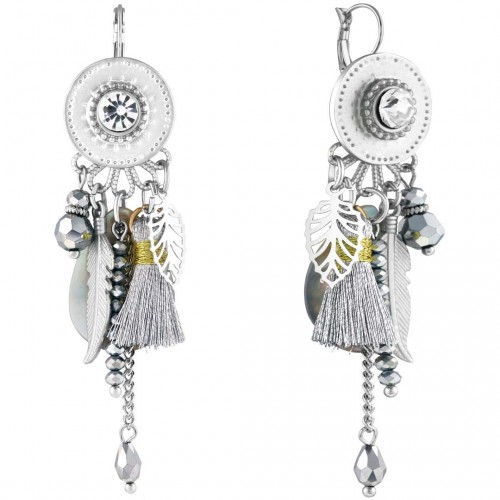 HOUSTON White Silver Earrings Dangling with Ethnic Feathers Pendant Silver and White Crystal Mother-of-Pearl and Pompoms