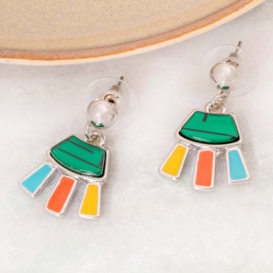 VITU Color Silver Earrings Short Dangle Contemporary Silver and Multicolor Rhodium Crystal and Enamels