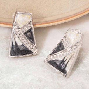 SKYDOR Black & White Silver Earrings Dangling Chips Contemporary Silver and Black White Rhodium Crystal and Enamels