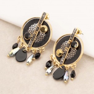 MEOLITA Black Gold Earrings Openwork pendants Filigree Gold Black Brass gilded with fine gold Crystal Natural mother-of-pearl