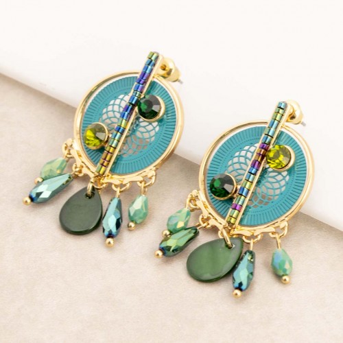 MEOLITA Green Gold earrings Openwork pendants Filigree Gold Green Brass gilded with fine gold Crystal Natural mother-of-pearl