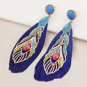 SAN MARCO Blue Gold earrings Long pendants paved Bohemian Blue Brass gilded with fine gold Feathers Crystal Mother-of-pearl