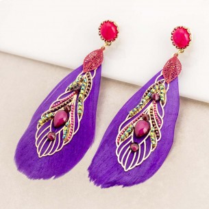 SAN MARCO Violet Gold earrings Long pendants paved Bohemian Violet Brass gilded with fine gold Feathers Crystal Mother-of-pearl