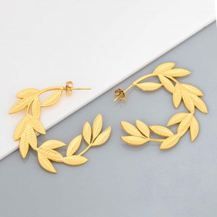 NATULEZA STEEL Gold Earrings Flat Creoles Golden Foliage Stainless steel gilded with fine gold