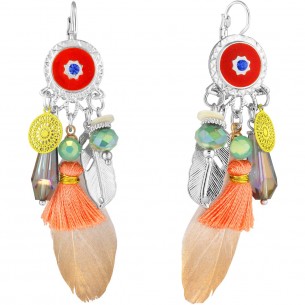 ATALAYA Color Silver Earrings Long Dangling Ethnic Feathers Silver and Multicolor Rhodium Crystal and Feathers