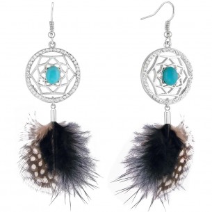 REVORIA Turquoise Silver Earrings Openwork Pendants Ethnic Feathers Silver and Turquoise Rhodium Crystal and Feathers