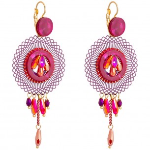 PRUNELLA CEREZA Cherry Pink Gold Openwork Dangle Earrings Filigree Gold Pink Raspberry Rhodium Crystal and Resins