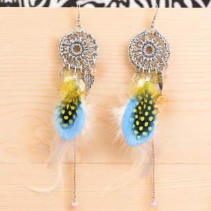 SUENAL Gray Silver Earrings Dangling with pendant Ethnic dream catcher Silver Gray Rhodium Crystal Embroidery Feathers