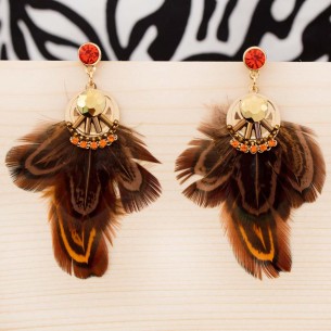 ROJARES CRYSTAL EDITION Camel Gold Earrings Paved Ethnic Gold and Camel Rhodium Crystal and Feathers
