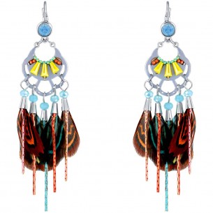 MOUNTAIN ROCKS Color Silver Earrings Pendant Native American Ethnic Silver Multicolor Rhodium Crystal Feathers