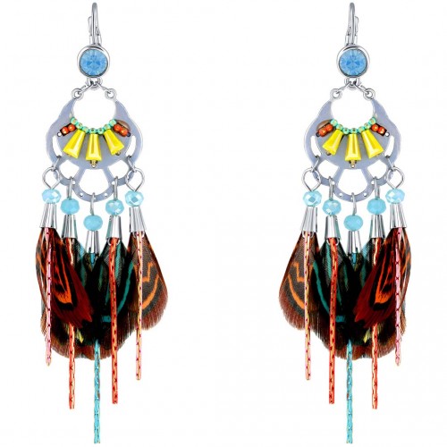 Boucles d'oreilles MOUNTAIN ROCKS Color Silver Pendantes pendentif Ethnique amérindien Argent Multicolore Rhodium Cristal Plumes