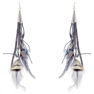 Boucles d'oreilles PAVORAL Grey Silver Pendantes longues Ethnique amérindien Argent et Gris Rhodium Cristal et Plumes