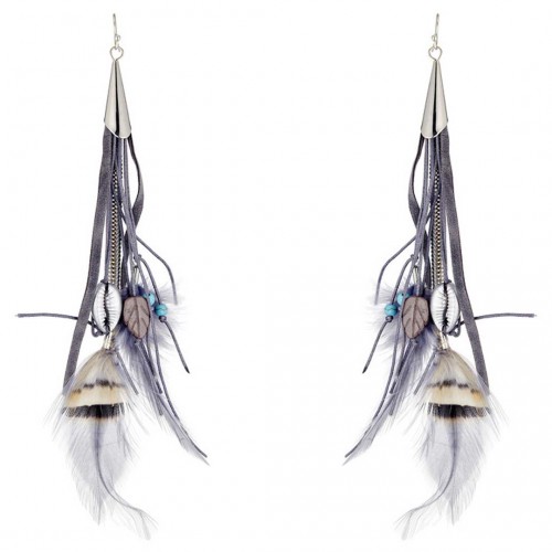 Boucles d'oreilles PAVORAL Grey Silver Pendantes longues Ethnique amérindien Argent et Gris Rhodium Cristal et Plumes